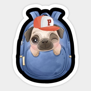 cute pug dog in a school bag Sticker